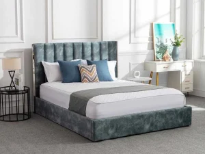 Best Sale Bed 160 X 200 Cm Met Hoofdbord Met Verticale Stiksels - Velours - Groenblauw - Feroya Fluwelen Bed