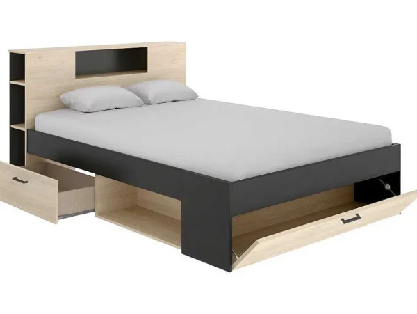 Shop Bed Leandre Met Hoofdeinde, Opbergruimte En Lades - 160 X 200 Cm - Kleur: Eiken En Antraciet Aanbiedingen: Slaapkamer & Kantoor