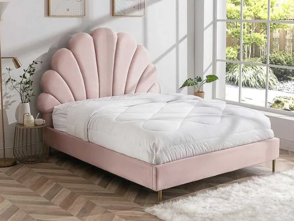 Discount Bed Met Hoofdeinde In Schelpvorm - 160 X 200 Cm - Fluweel - Roze - Livaya Aanbiedingen: Slaapkamer & Kantoor