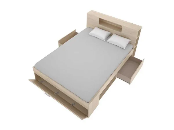 Best Sale Bed Met Hoofdeinde, Opbergruimte En Lades - 160 X 200 Cm - Eikenkleur - Leandre Aanbiedingen: Slaapkamer & Kantoor