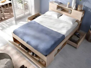 Best Sale Bed Met Hoofdeinde, Opbergruimte En Lades - 160 X 200 Cm - Eikenkleur - Leandre Aanbiedingen: Slaapkamer & Kantoor