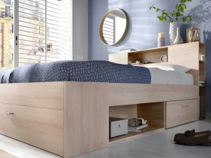 Best Sale Bed Met Hoofdeinde, Opbergruimte En Lades - 160 X 200 Cm - Eikenkleur - Leandre Aanbiedingen: Slaapkamer & Kantoor