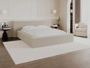 Hot Bed Met Opbergruimte 160 X 200 Cm - Ribfluweel - Beige + Matras - Timano Fluwelen Bed