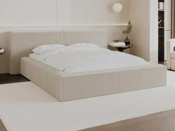 Hot Bed Met Opbergruimte 160 X 200 Cm - Ribfluweel - Beige + Matras - Timano Fluwelen Bed