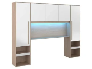 Hot Brugkast Met Opbergruimte - Met Ledverlichting - L265 Cm - Kleuren: Glanzend Wit En Houtlook - Velona Hoofdeinde En Brugkast