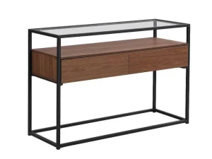 Fashion Buffetkast Met 2 Lades Van Mdf, Gehard Glas En Metaal - Donker Naturel - Camata Sidetable