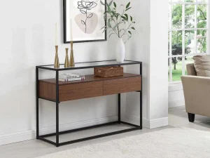 Fashion Buffetkast Met 2 Lades Van Mdf, Gehard Glas En Metaal - Donker Naturel - Camata Sidetable