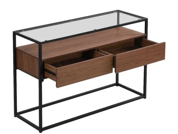 Fashion Buffetkast Met 2 Lades Van Mdf, Gehard Glas En Metaal - Donker Naturel - Camata Sidetable