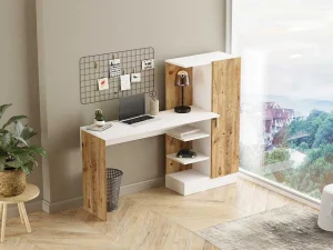 Shop Bureau Met Opbergruimtes - Naturel En Wit - Milaria Bureaumeubel