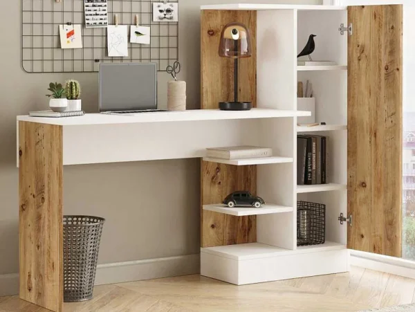 Shop Bureau Met Opbergruimtes - Naturel En Wit - Milaria Bureaumeubel