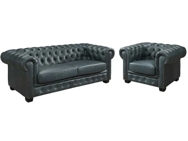 Hot Chesterfield Zitbank 3 + 1 Plaatsen Brenton 100% Buffelleer - Spaans Groen Set Zitbank + Fauteuil