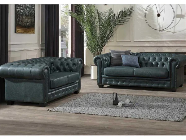 Cheap Chesterfield Zitbank 3 + 2 Plaatsen Brenton 100% Buffelleer - Spaans Groen Bankstel 3+2