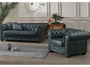 Hot Chesterfield Zitbank 3 + 1 Plaatsen Brenton 100% Buffelleer - Spaans Groen Set Zitbank + Fauteuil