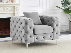 Online Chesterfield-Fauteuil Van Lichtgrijs Velours Edwina Fauteuil Stof Fluweel / Suedine