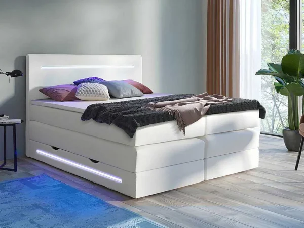 Cheap Complete Boxspring Met Hoofdeinde Met Leds, Bedbodem Met Opbergruimte, Matras En Dekmatras - Wit - Kunstleer - 160 X 200 Cm - Keros Van Aanbiedingen: Slaapkamer & Kantoor