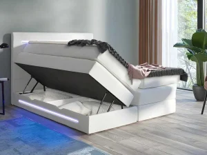 Cheap Complete Boxspring Met Hoofdeinde Met Leds, Bedbodem Met Opbergruimte, Matras En Dekmatras - Wit - Kunstleer - 160 X 200 Cm - Keros Van Aanbiedingen: Slaapkamer & Kantoor