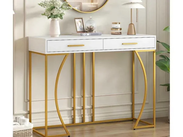 Discount Console Met 2 Lades - Moderne Stijl - Wit & Goud Sidetable