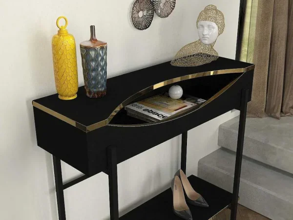 Fashion Consoletafel Met 1 Plank En 1 Nis - Zwart En Goudkleurig - Meriova Sidetable