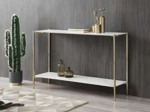 Flash Sale Consoletafel Met 1 Plank Van Keramiek En Metaal - Wit Marmereffect En Goud - Madola Sidetable