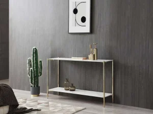 Flash Sale Consoletafel Met 1 Plank Van Keramiek En Metaal - Wit Marmereffect En Goud - Madola Sidetable