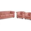 Shop Driezitsbank En 2 Fauteuils Chesterfield - Fluweel - Pastel Roze Set Zitbank + Fauteuil