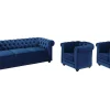 Outlet Driezitsbank En 2 Fauteuils Chesterfield - Fluweel - Konings Blauw Set Zitbank + Fauteuil