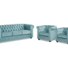 Discount Driezitsbank En 2 Fauteuils Chesterfield - Fluweel - Pastel Blauw Set Zitbank + Fauteuil