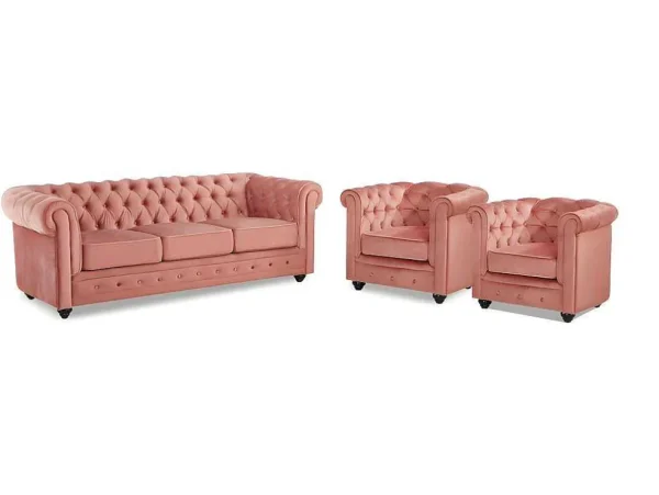 Shop Driezitsbank En 2 Fauteuils Chesterfield - Fluweel - Pastel Roze Set Zitbank + Fauteuil