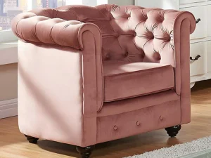 Shop Driezitsbank En 2 Fauteuils Chesterfield - Fluweel - Pastel Roze Set Zitbank + Fauteuil