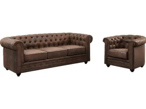 Hot Driezitsbank En Fauteuil Chesterfield Van Microvezel Met Vintage Look Set Zitbank + Fauteuil