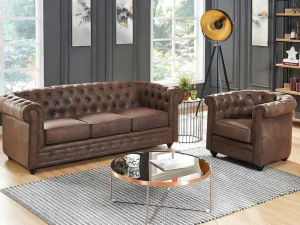 Hot Driezitsbank En Fauteuil Chesterfield Van Microvezel Met Vintage Look Set Zitbank + Fauteuil