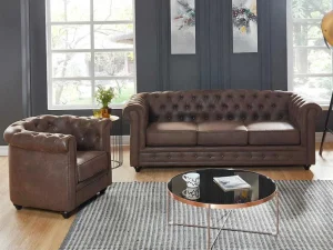 Hot Driezitsbank En Fauteuil Chesterfield Van Microvezel Met Vintage Look Set Zitbank + Fauteuil