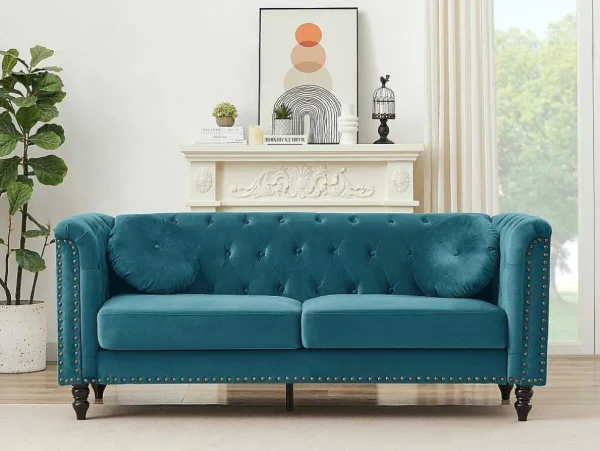 Fashion Driezitsbank Van Blauwgroen Velours Turner Chesterfield Zitbank