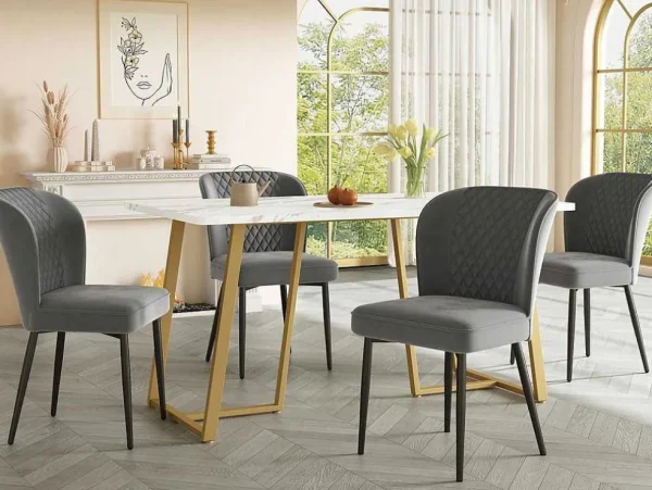 Discount Eettafel 140X80 Cm - Metalen Structuur - Marmerpatroon Fineer - Wit & Goud Eettafel