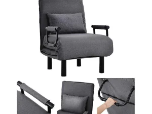 Best Sale Fauteuil Met Kussen En Verstelbare Rugleuning - Om Te Bouwen Tot Fauteuil - Linnen Stof - Grijs Uitklapbare Fauteuil