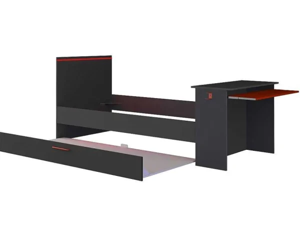 Hot Gamer Bed 2 X 90 X 200 - Met Bureau - Led'S - Antraciet En Rood + Bedbodem - Vouani Bed Met Slaaplade