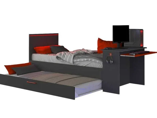 Hot Gamer Bed 2 X 90 X 200 - Met Bureau - Led'S - Antraciet En Rood + Bedbodem - Vouani Bed Met Slaaplade