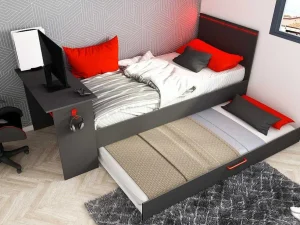 Hot Gamer Bed 2 X 90 X 200 - Met Bureau - Led'S - Antraciet En Rood + Bedbodem - Vouani Bed Met Slaaplade