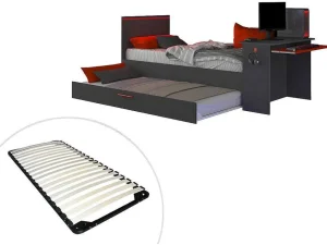 Hot Gamer Bed 2 X 90 X 200 - Met Bureau - Led'S - Antraciet En Rood + Bedbodem - Vouani Bed Met Slaaplade