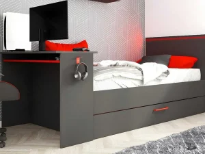 Hot Gamer Bed 2 X 90 X 200 - Met Bureau - Led'S - Antraciet En Rood + Bedbodem - Vouani Bed Met Slaaplade