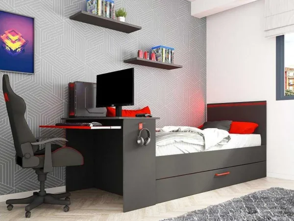 Hot Gamer Bed 2 X 90 X 200 - Met Bureau - Led'S - Antraciet En Rood + Bedbodem - Vouani Bed Met Slaaplade