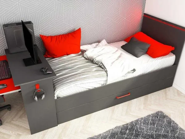 Hot Gamer Bed 2 X 90 X 200 - Met Bureau - Led'S - Antraciet En Rood + Bedbodem - Vouani Bed Met Slaaplade