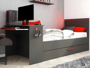 Hot Gamer Bed 2 X 90 X 200 - Met Bureau - Led'S - Antraciet En Rood + Bedbodem - Vouani Bed Met Slaaplade