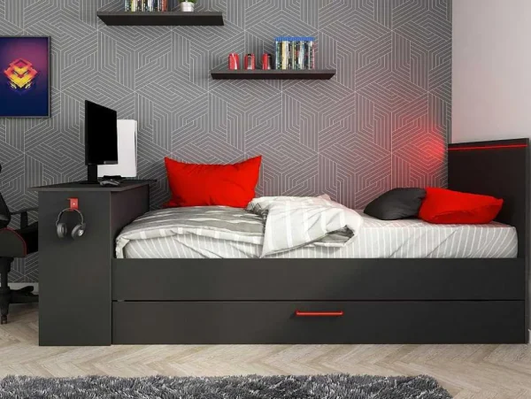 Hot Gamer Bed 2 X 90 X 200 - Met Bureau - Led'S - Antraciet En Rood + Bedbodem - Vouani Bed Met Slaaplade