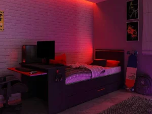 Hot Gamer Bed 2 X 90 X 200 - Met Bureau - Led'S - Antraciet En Rood + Bedbodem - Vouani Bed Met Slaaplade