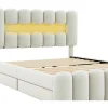 Store Gestoffeerd Bed 140X200Cm Met 4 Lades - Met Led + Usb Oplaadpoort + Lezer - Beige Fluwelen Bed