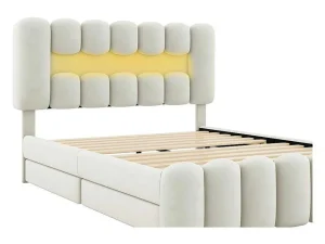 Store Gestoffeerd Bed 140X200Cm Met 4 Lades - Met Led + Usb Oplaadpoort + Lezer - Beige Fluwelen Bed