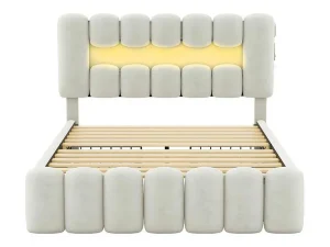 Store Gestoffeerd Bed 140X200Cm Met 4 Lades - Met Led + Usb Oplaadpoort + Lezer - Beige Fluwelen Bed