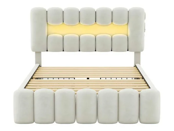 Store Gestoffeerd Bed 140X200Cm Met 4 Lades - Met Led + Usb Oplaadpoort + Lezer - Beige Fluwelen Bed