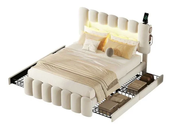 Store Gestoffeerd Bed 140X200Cm Met 4 Lades - Met Led + Usb Oplaadpoort + Lezer - Beige Fluwelen Bed